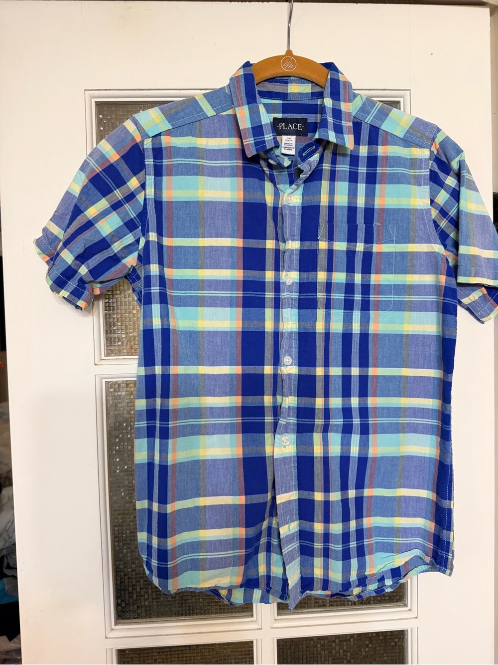 The Childrens Place Youth Blue Plaid Short-Sleeve Shirt